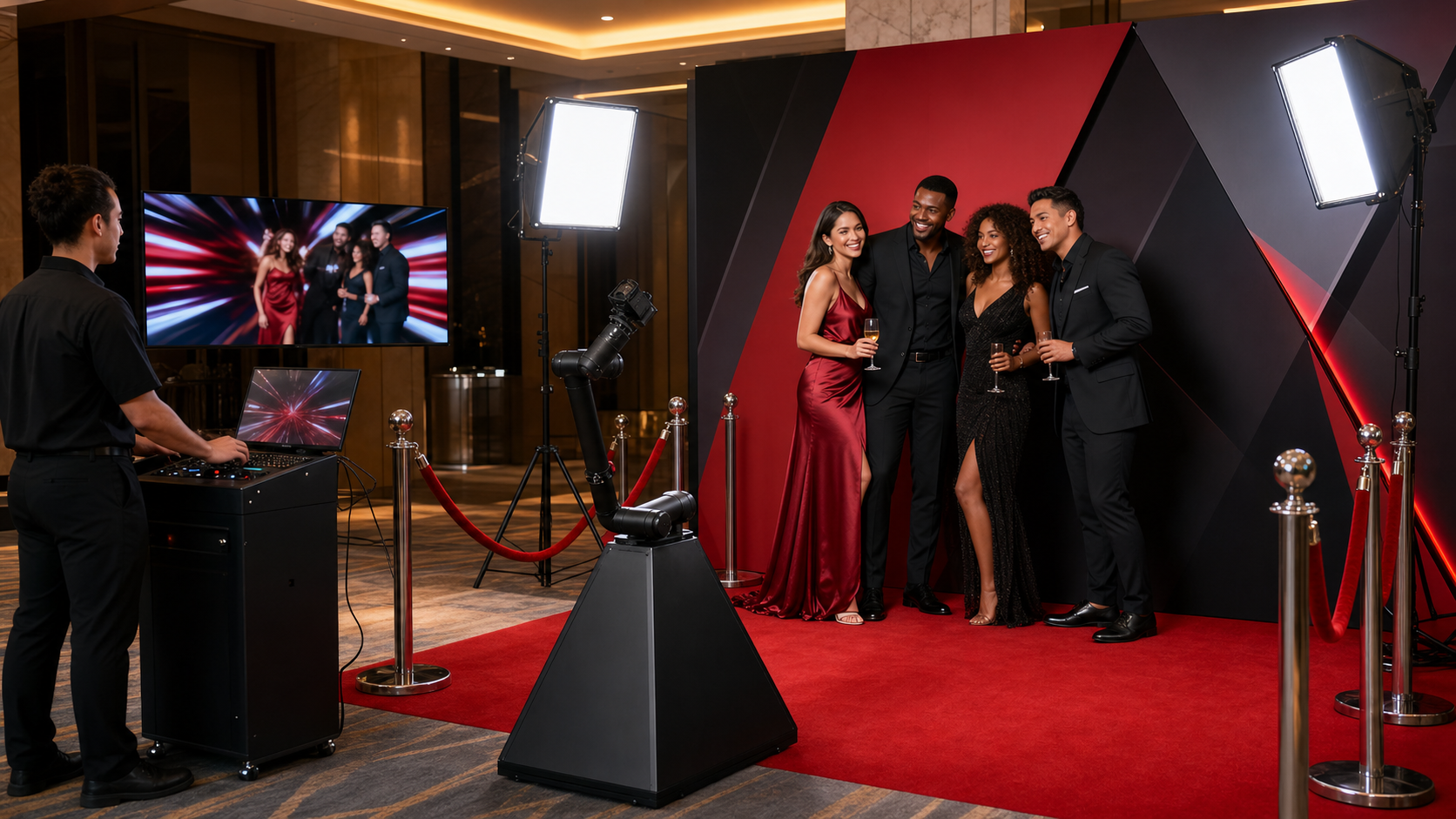 Red Carpet Robot Jr. glambot rental footprint with robot, guest mark, lighting, backdrop, display, and operator console