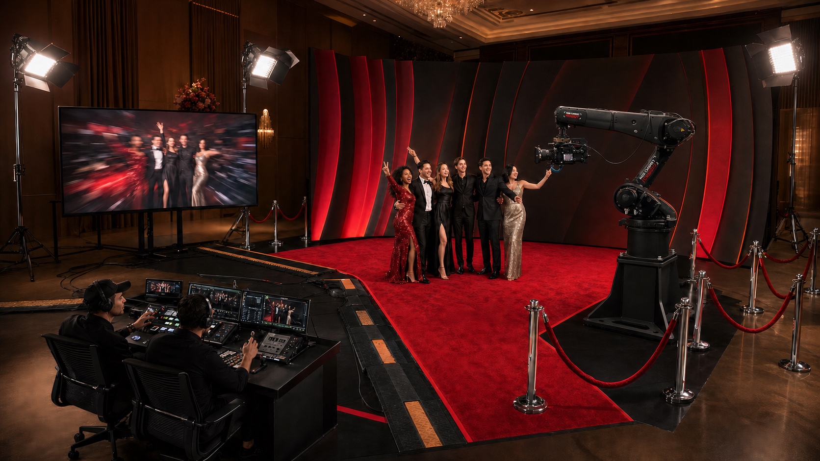 Red Carpet Robot Max premium glambot rental footprint with KUKA robot, cinema camera, red carpet, lighting, backdrop, display, and operator console